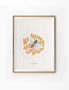 "Kind words are like honey" poster by Anita Kick featuring a cheerful bee illustration, inspiring kindness and simple happiness in any space.