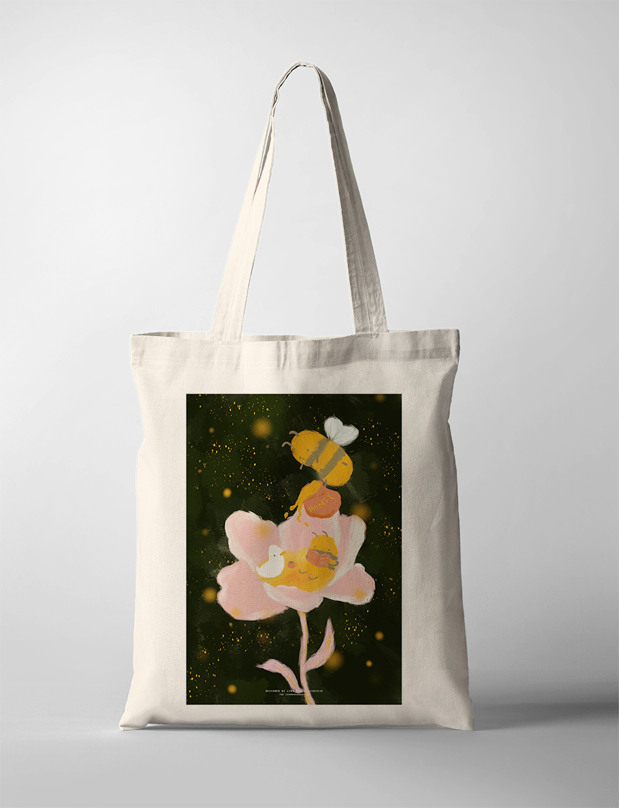  Kind Words Are Like Honey tote bag featuring a bee and flower design, Christian inspirational accessory from The Commandment Co, Singapore