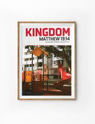 Christian poster with colourful playground and Matthew 19:14, Kingdom Faith, by The Commandment Co