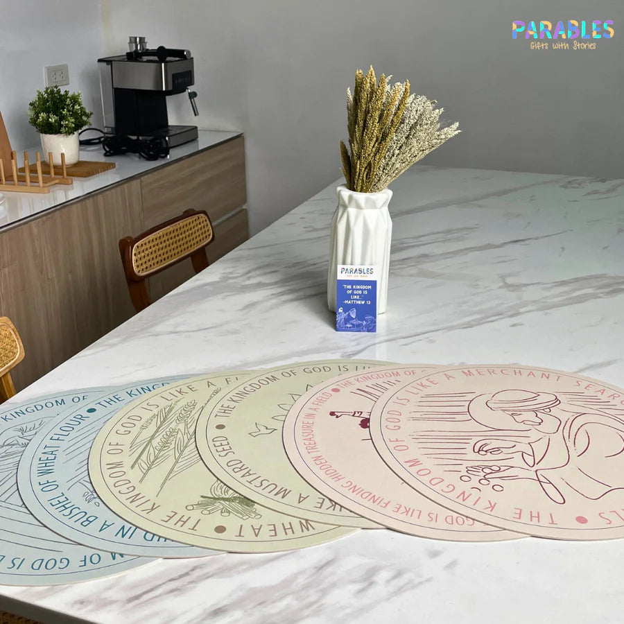 Set of Christian placemats showcasing Matthew 13 Kingdom of God imagery