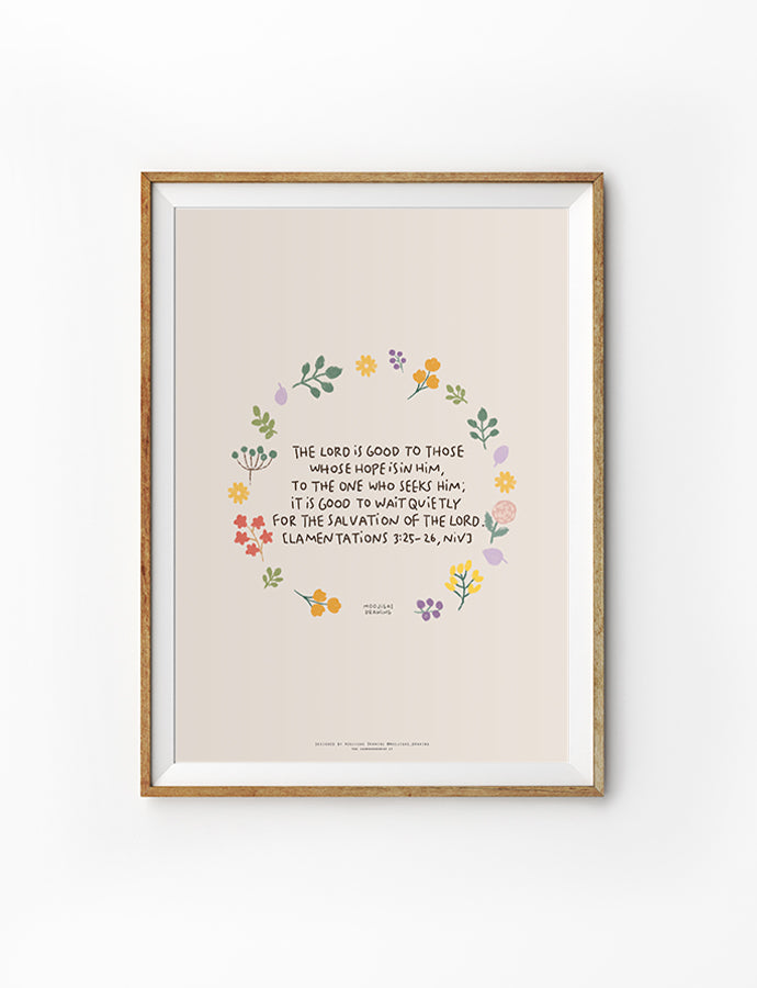 Floral Christian poster featuring Lamentations 3:25-26 about waiting quietly for the salvation of the Lord