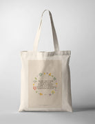 Christian tote bag featuring Lamentations 3:25-26 with floral artwork and a reminder to wait quietly for the Lord