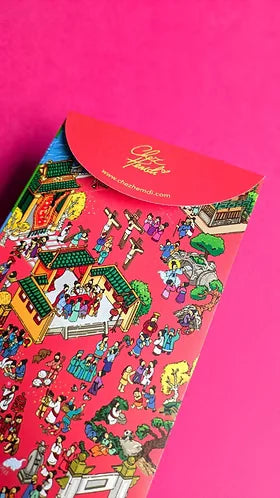 Close-up of the red Life of Jesus ang pao envelope with illustrated scenes