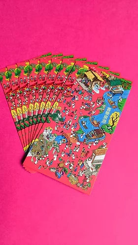 Set of red Life of Jesus ang pao packets fanned out on a pink background
