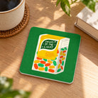 Light Fruity Mints LOVE SUPERMARKET Christian coaster styled on a sunlit wooden table.