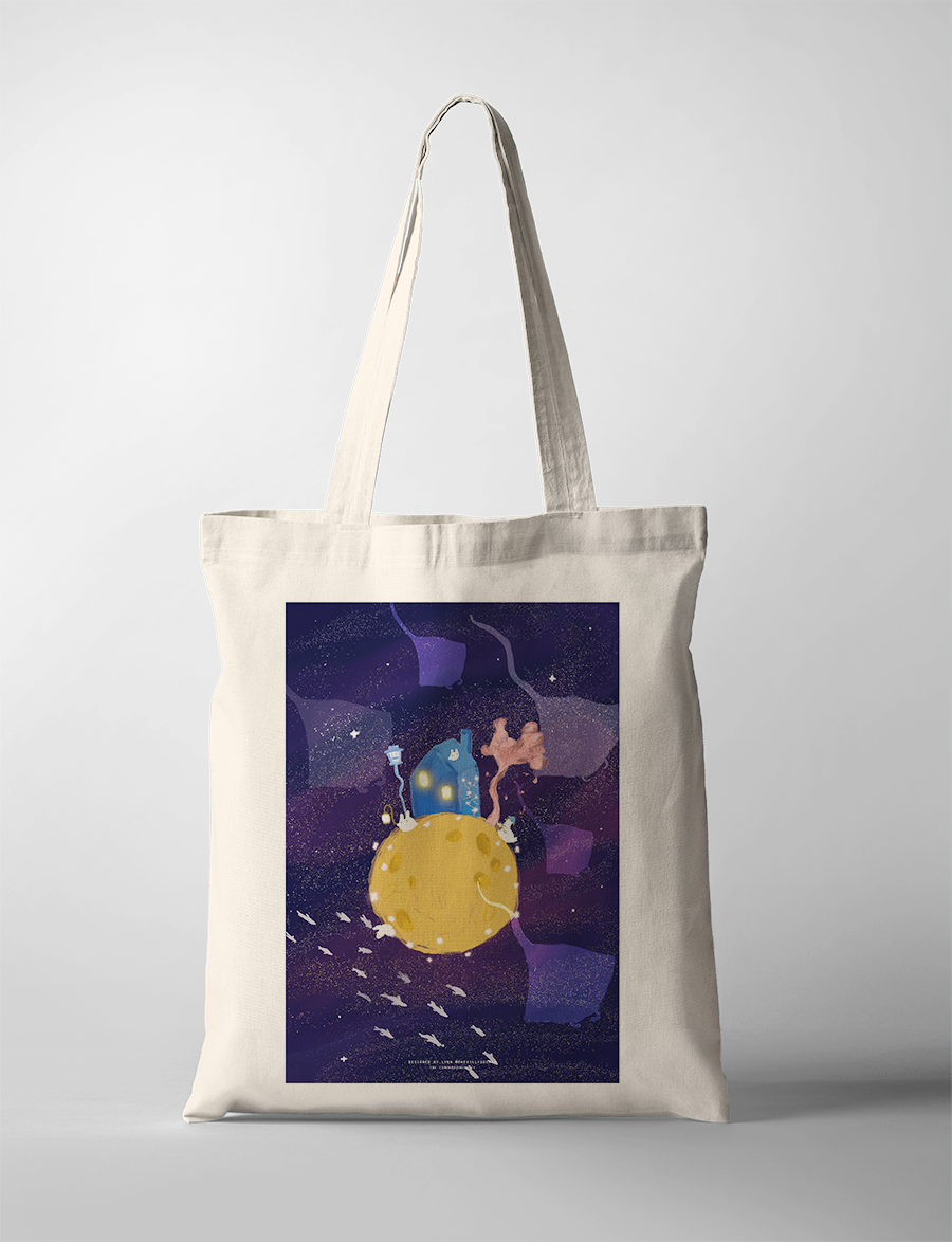  Light of the World tote bag featuring a whimsical night scene with a house on a moon, Christian inspirational accessory from The Commandment Co, Singapore