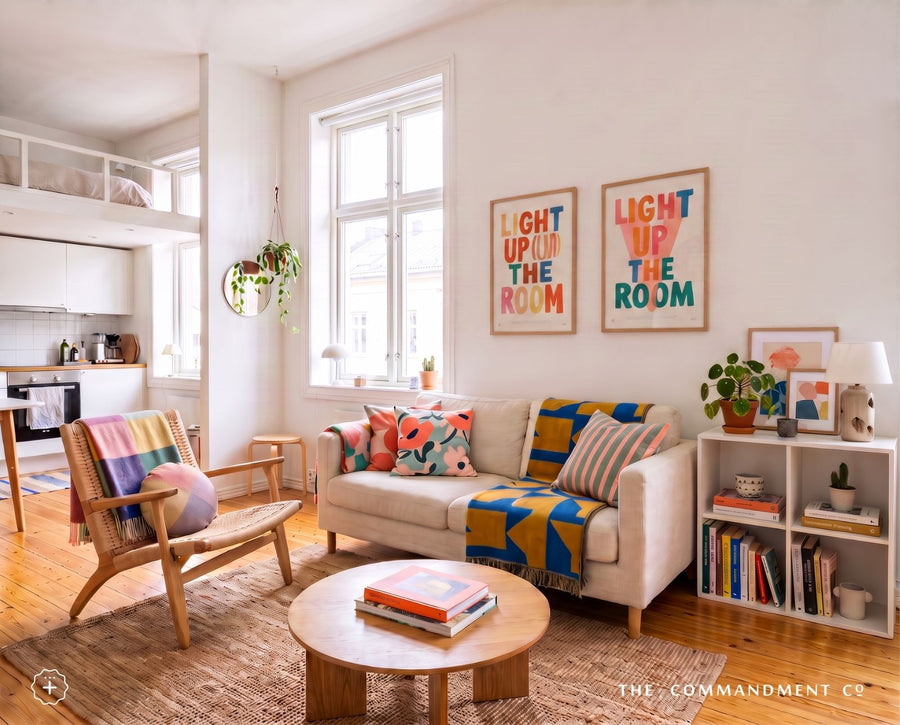 Colourful Light Up The Room Christian posters displayed above a sofa in a bright living room