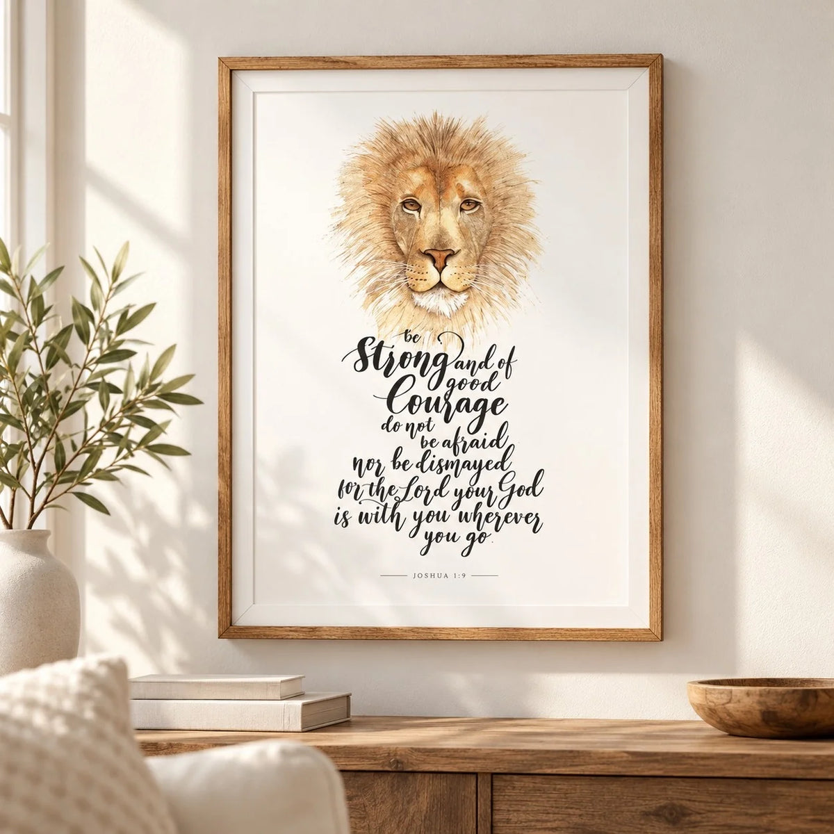 Lion Joshua 1:9 poster framed in wood on a bright living room wall.