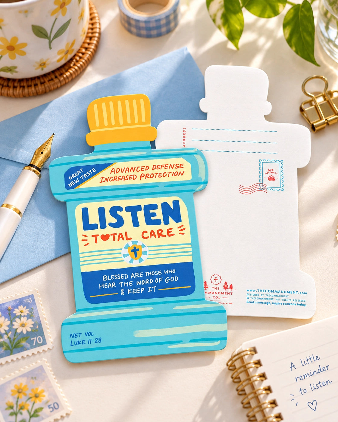 Listen Total Care Mouth Wash Christian card styled with an envelope, stationery and desk accessories