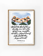 Look at the Birds Christian poster by Kristen Kiong featuring Matthew 6:26 with illustrated birds and hand-lettered Scripture