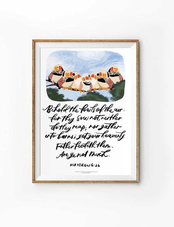 Look at the Birds Christian poster by Kristen Kiong featuring Matthew 6:26 with illustrated birds and hand-lettered Scripture