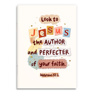 A6 Christian notebook featuring a colourful collage-style typography design with the Bible verse “Look to Jesus, the author and perfecter of your faith” from Hebrews 12:2, created in collaboration with Void to Light.