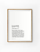 Love Bible verse poster featuring 1 Corinthians 13:4-7 in a simple handwritten style, displayed in a framed wall art mockup.