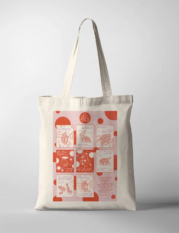 Natural cotton canvas Love Has Brought Me Back Home tote bag with pink and red Psalm 68:5–6 artwork