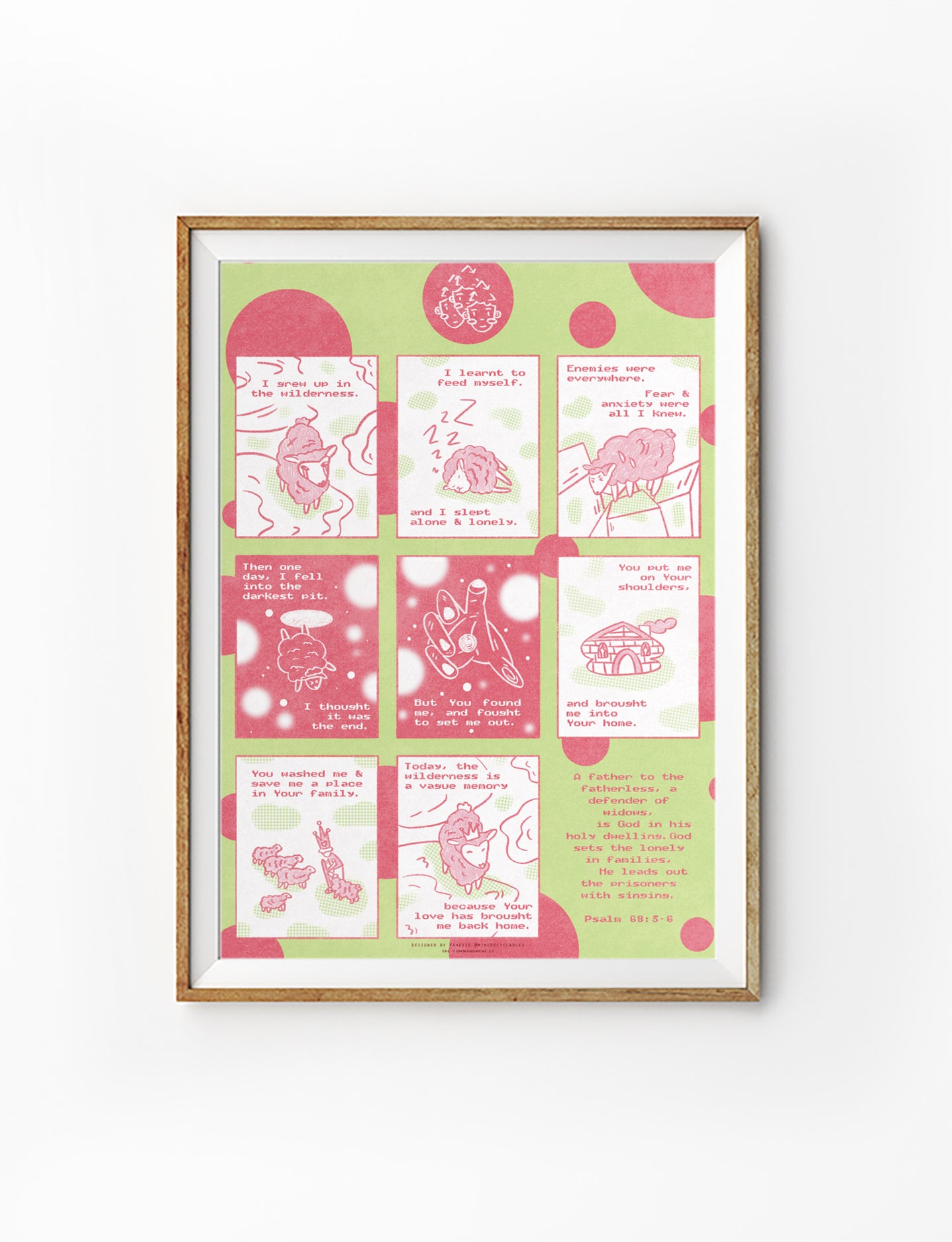 Love Has Brought Me Back Home Psalm 68:5–6 Christian poster in pink and green with illustrated sheep panels