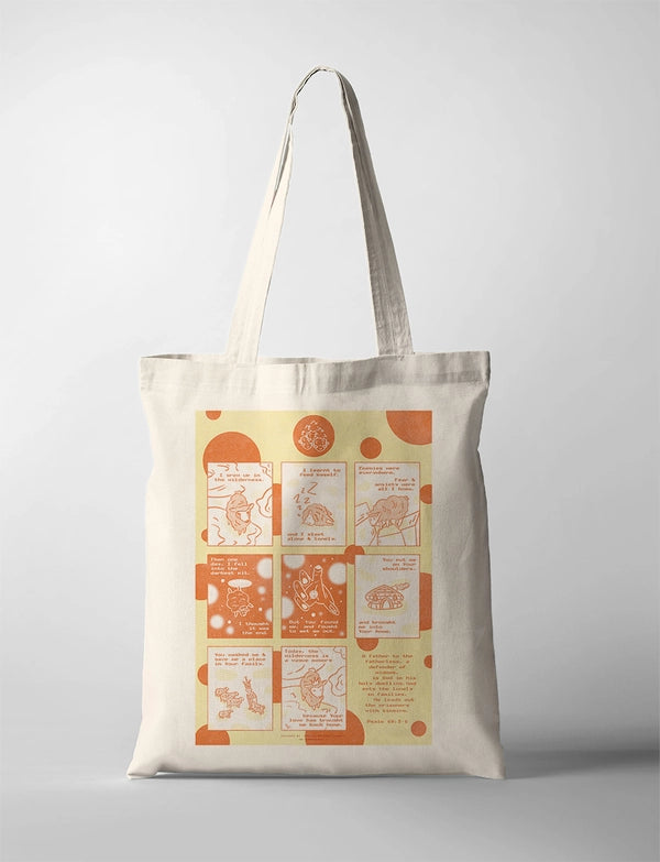 Natural cotton canvas Love Has Brought Me Back Home tote bag with yellow and orange Psalm 68:5–6 artwork