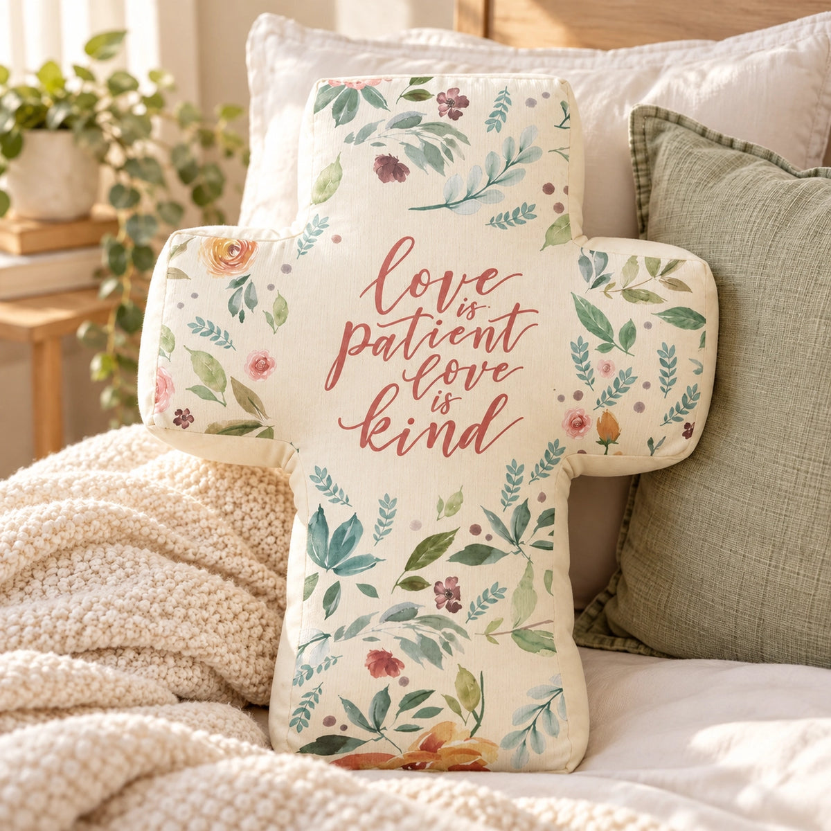 Love Is Patient Love Is Kind cross plush toy styled on a cosy sofa