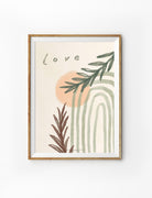 Minimalist Christian poster featuring the word “Love” with abstract arches, soft peach tones, and botanical illustrations