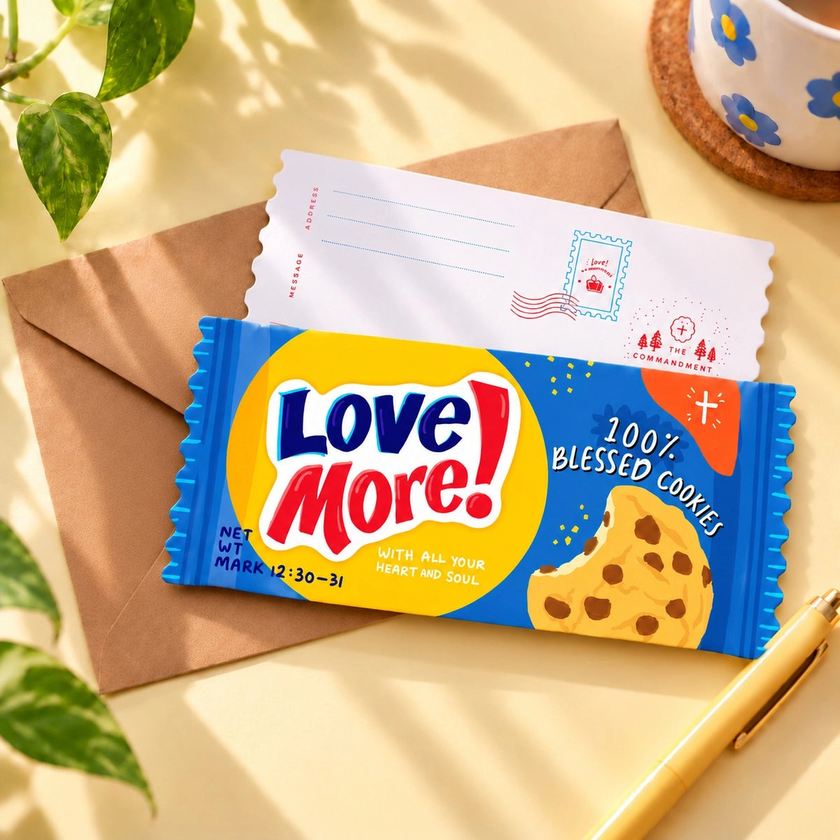 Love More Chocolate Chip Biscuit LOVE SUPERMARKET Christian card styled with an envelope on a bright tabletop.