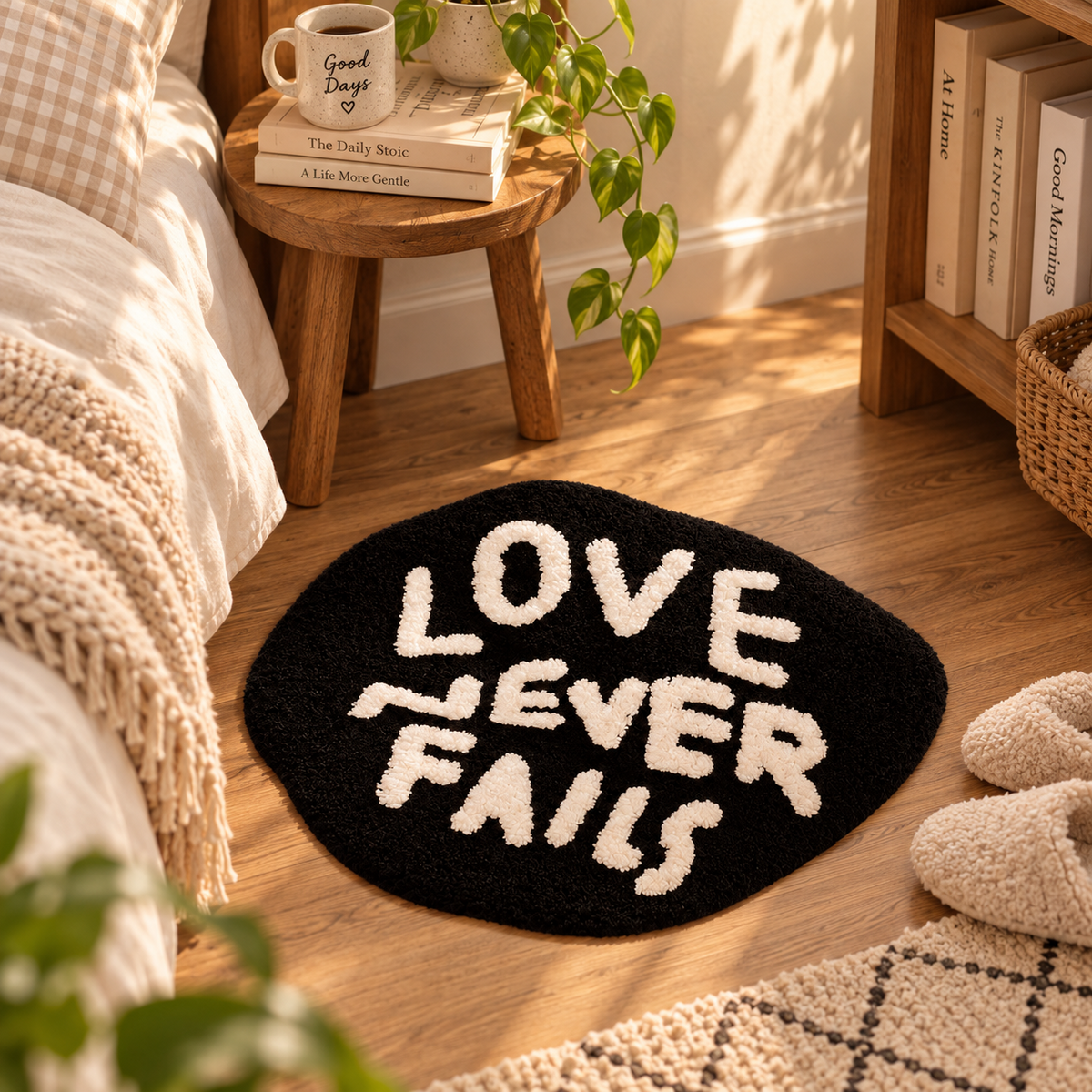 Love Never Fails black Christian rug styled in a warm and cosy reading nook.