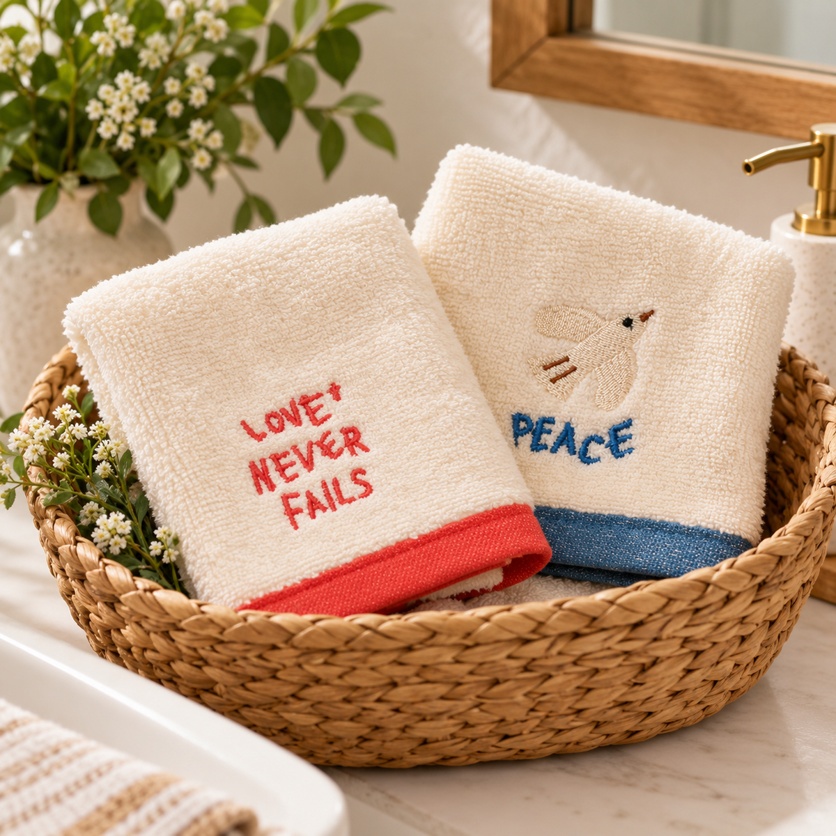 Love Never Fails embroidered cream Christian hand towel with coral trim styled in a woven basket beside a Peace towel
