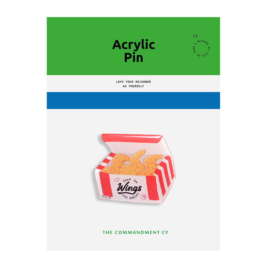 Soar on Wings Like Eagles acrylic pin inspired by Isaiah 40:31, playful Christian pin from Love Supermarket series.