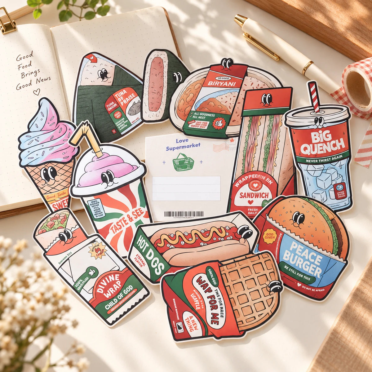 LOVE SUPERMARKET Collection VI Christian card set arranged in a bright journaling desk lifestyle scene.