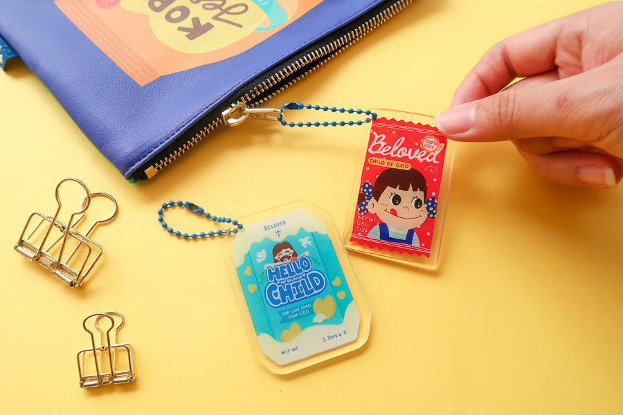 Love Supermarket Christian acrylic keychains displayed together
