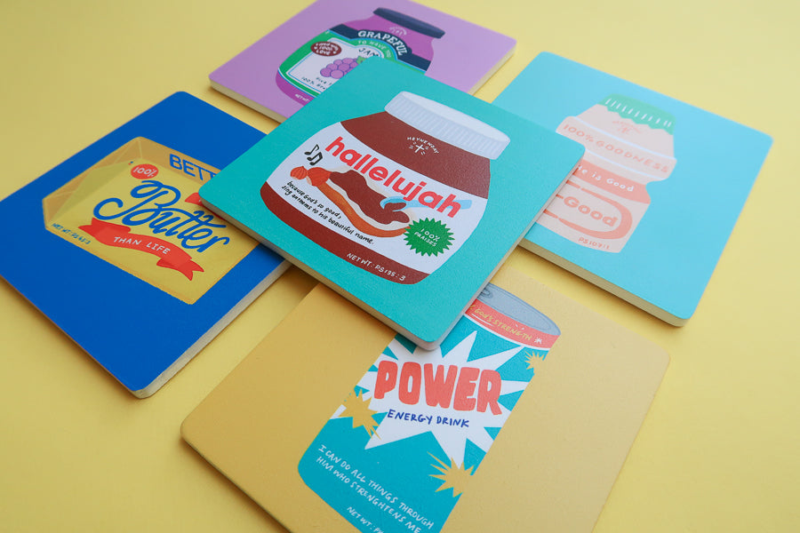 LOVE SUPERMARKET Christian coaster collection with grocery-inspired designs