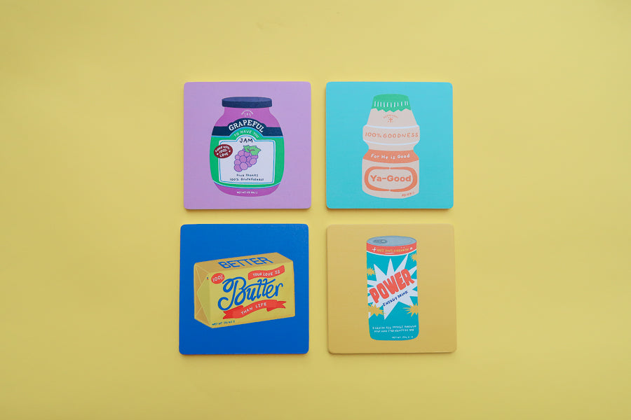 Hand-drawn Christian verse coasters from Love Supermarket