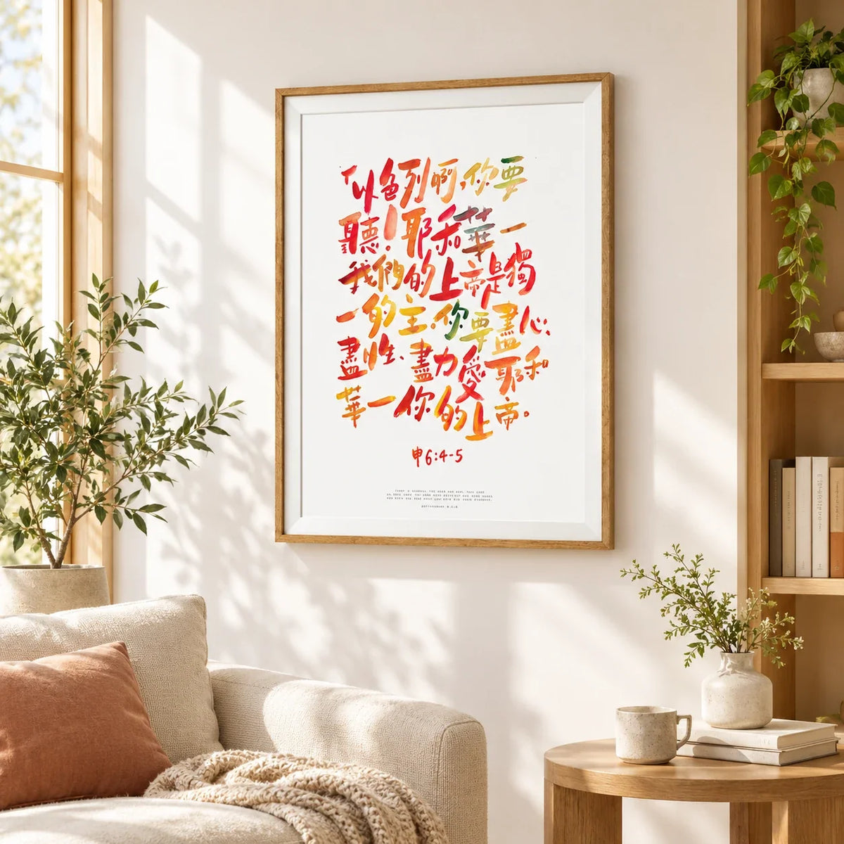 Orange Chinese calligraphy Bible verse poster framed over a sofa