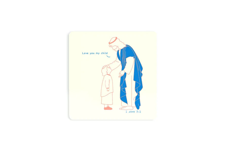 Love You My Child Christian wooden coaster showing Jesus blessing a child with 1 John 3:1