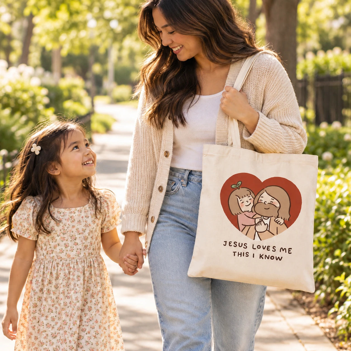 Loved by Jesus Always tote bag worn by a mother walking outdoors with her daughter