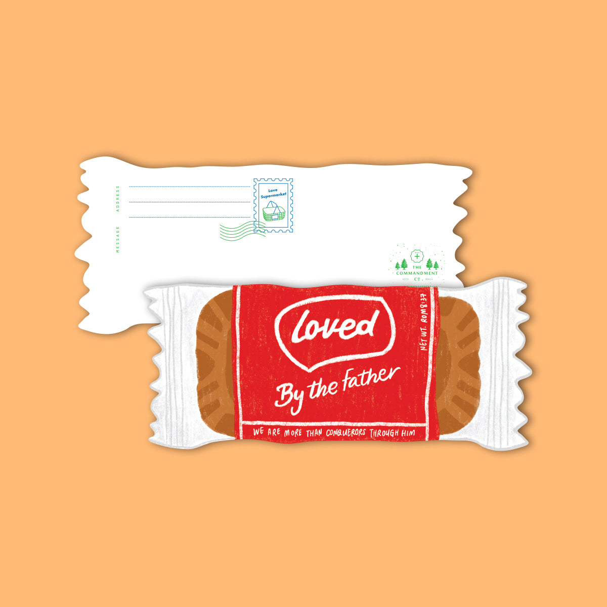 Coffee biscuit–inspired Christian postcard featuring ‘Loved by the Father’ and Romans 8:37.