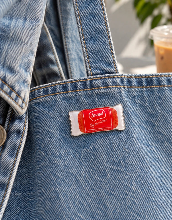 Loved by the Father coffee biscuit pin attached to denim tote bag