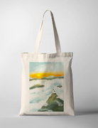  Maker of Heaven and Earth tote bag featuring a serene mountain and sunrise scene, Christian inspirational accessory from The Commandment Co, Singapore