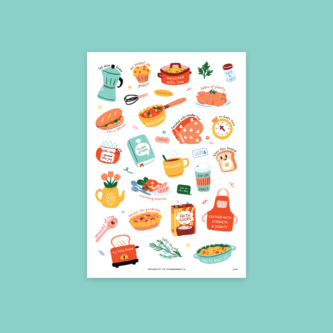 Manna Everyday Stickers Sticker Sheet with transparent background featuring faith-inspired kitchen and food designs by The Commandment Co.