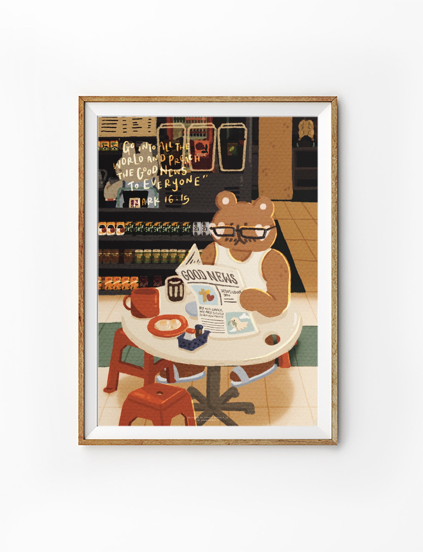 Christian poster featuring Mark 16:15 with an illustrated bear reading a Good News newspaper in a camark-16-15-good-news-bear-christian-posterfe setting