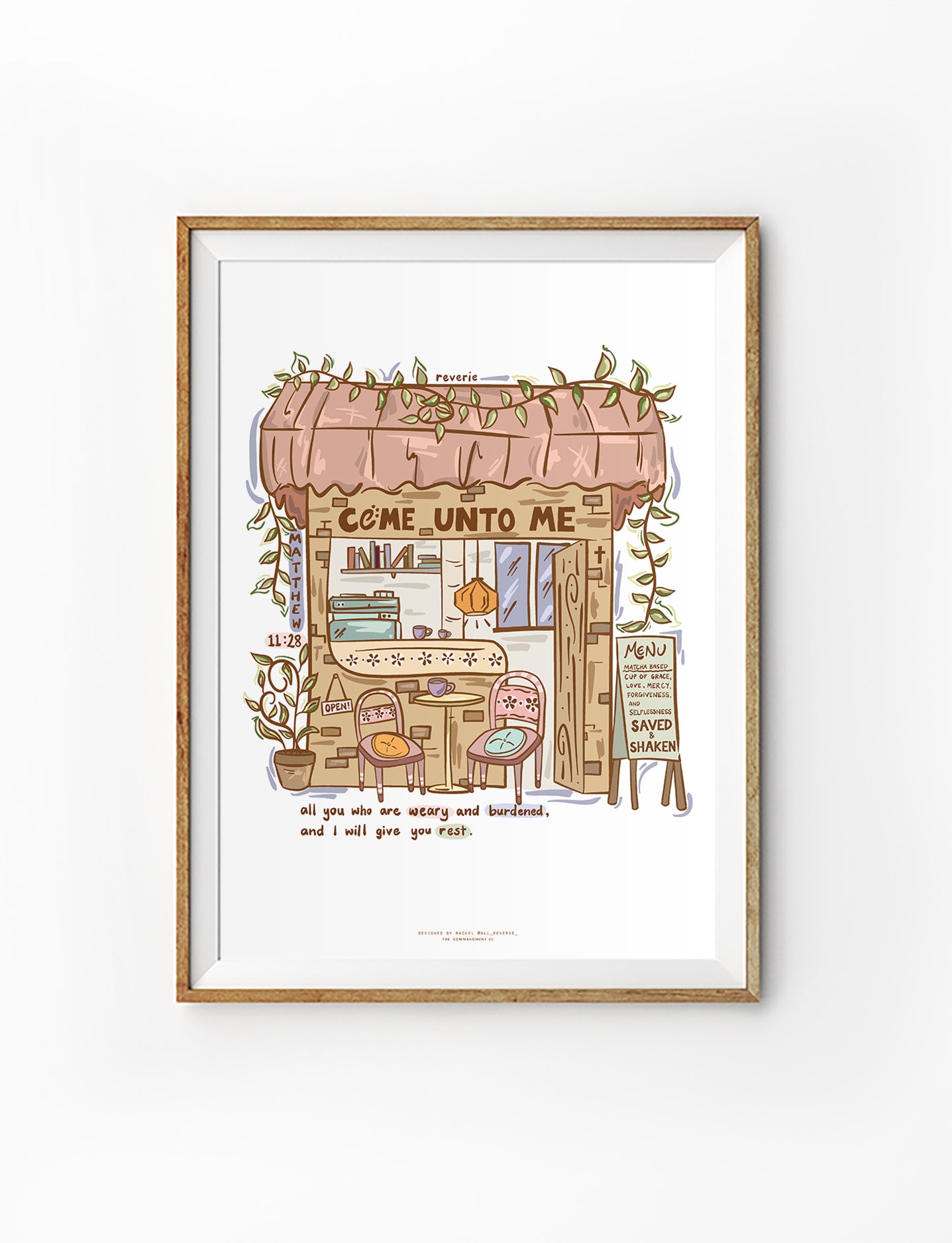 Christian poster with cozy café illustration and the phrase “Come unto me all you who are weary and burdened and I will give you rest”