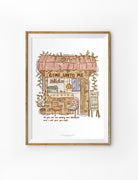 Christian poster with cozy café illustration and the phrase “Come unto me all you who are weary and burdened and I will give you rest”