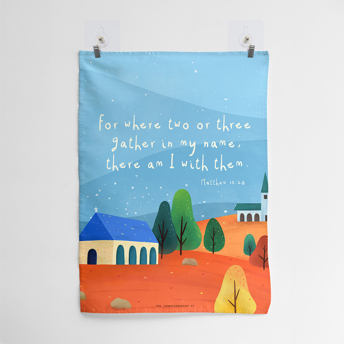 Christian wall art with Matthew 18:20, 'For where two or three gather in my name, there am I with them,' featuring a vibrant illustration of a church, trees, and a colorful autumn landscape.