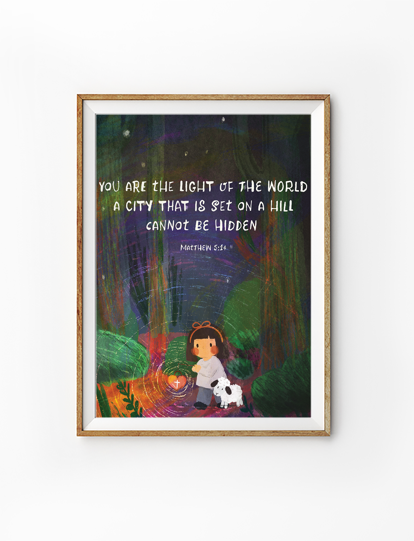 Christian poster with Matthew 5:14 “You are the light of the world,” illustrated girl holding lantern with sheep in colorful forest.