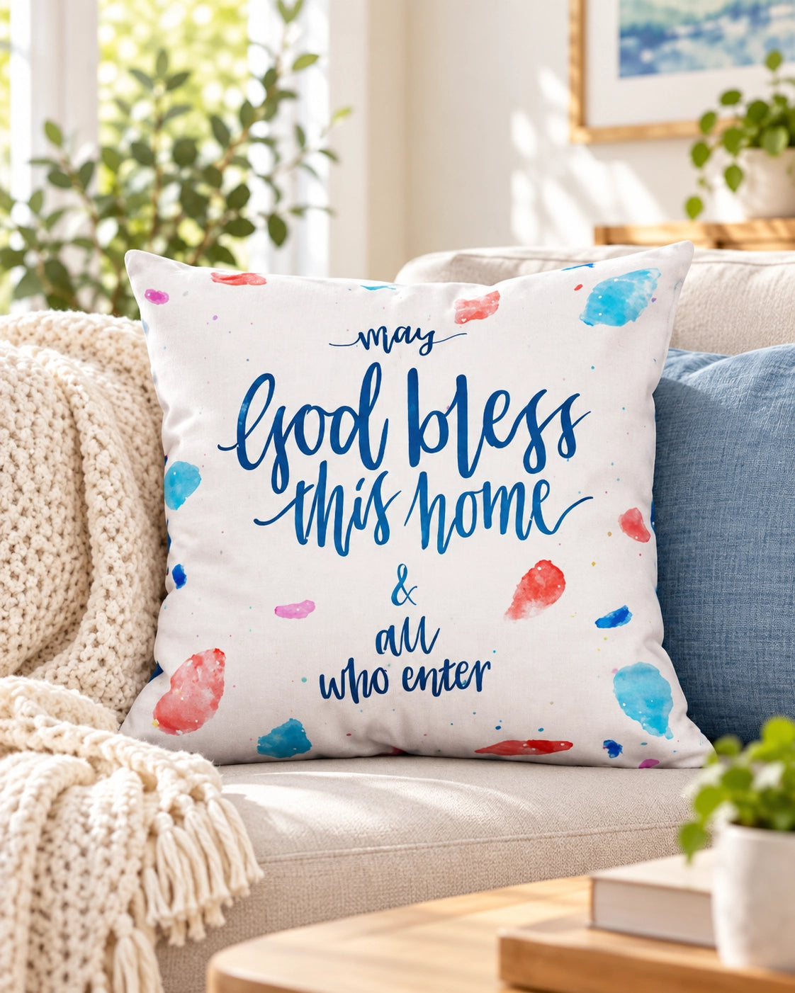 May God Bless This Home Christian cushion cover styled on a bright neutral sofa.