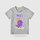 Grey ME! RAWR dinosaur kids T-shirt with colourful purple dinosaur design