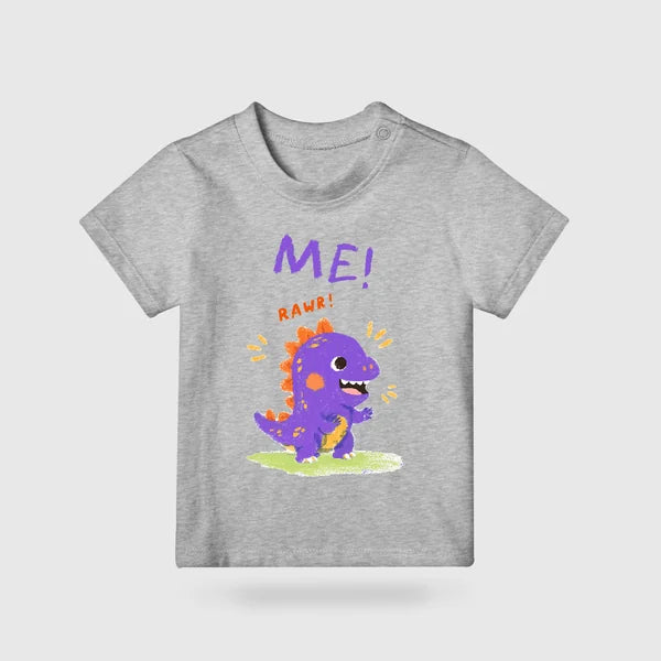 Grey ME! RAWR dinosaur kids T-shirt with colourful purple dinosaur design