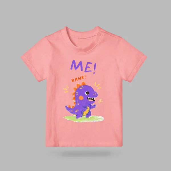 Pink ME! RAWR dinosaur kids T-shirt with colourful purple dinosaur design