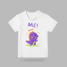 White ME! RAWR dinosaur kids T-shirt with colourful purple dinosaur design