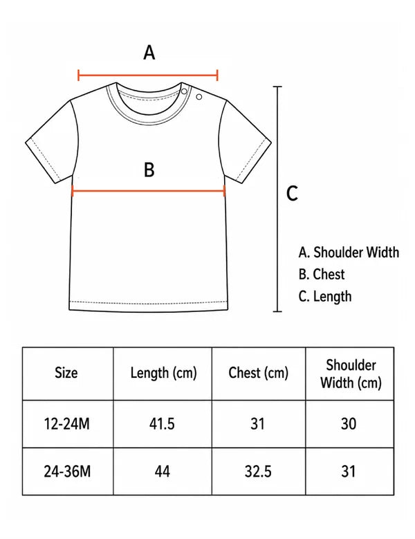ME! RAWR kids T-shirt size chart for 12–24M and 24–36M