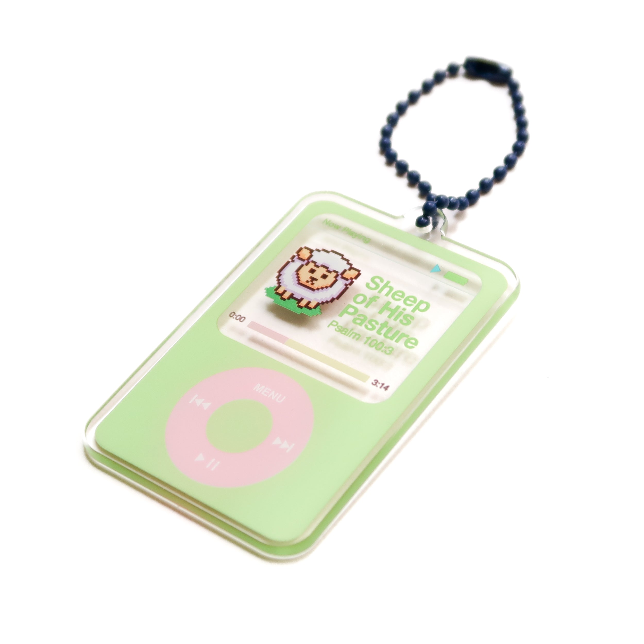 Acrylic media player keychain with “Sheep of His Pasture” design and Psalm 100:3 on the screen, pastel green display
