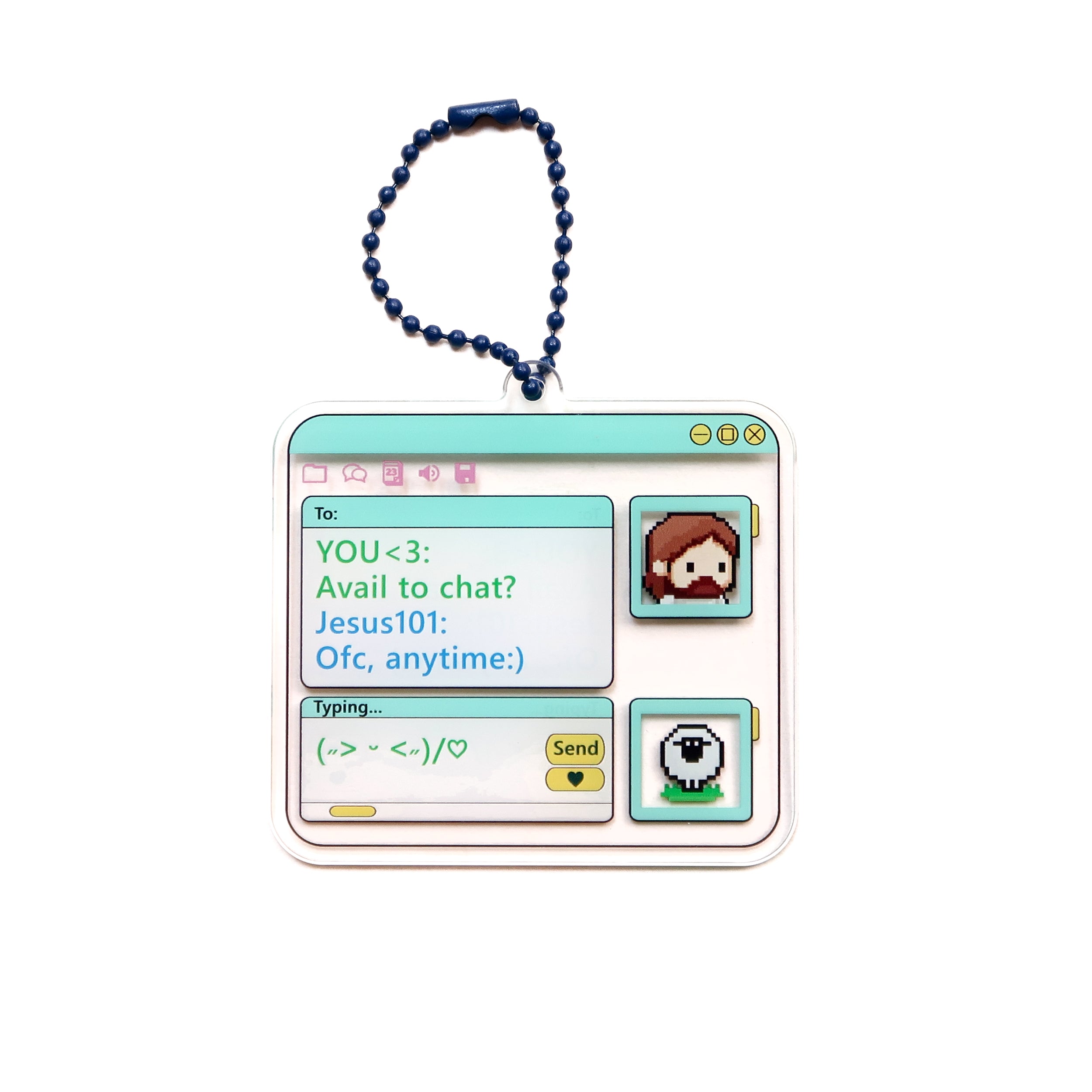  Acrylic keychain featuring a pixel-art messenger chat with Jesus, showing chat bubbles; size 6.56 cm x 6.2 cm; faith-inspired gift from The Commandment Co.